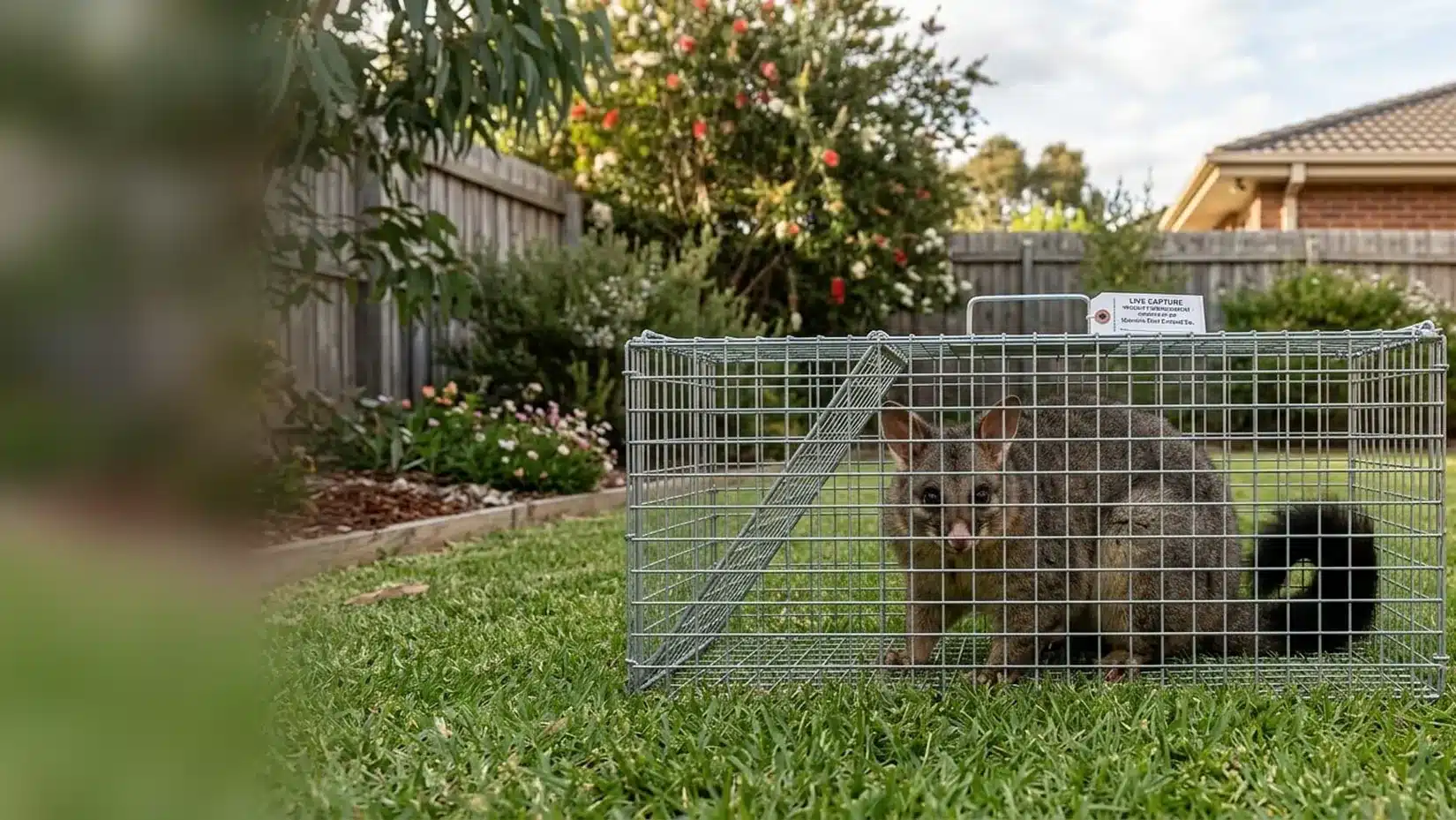 Brushtail possum inside a humane cage trap on a Melbourne property