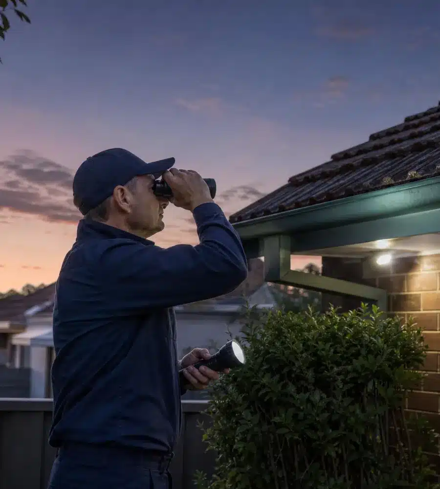 Possum catcher inspecting a roofline at dusk