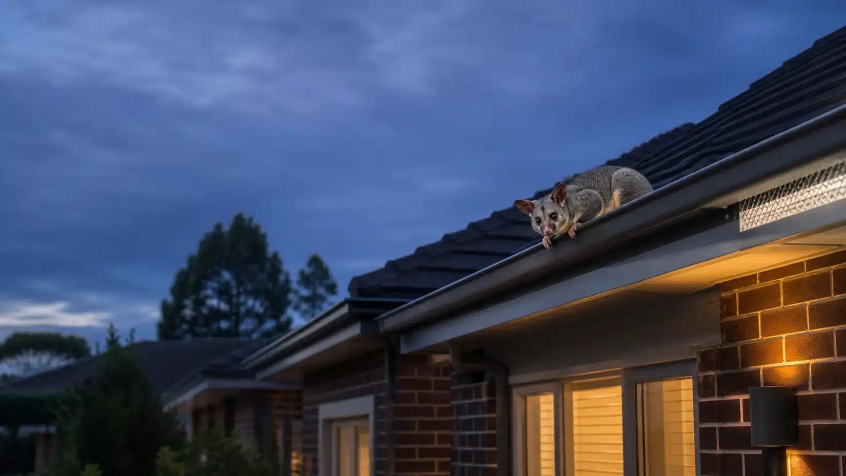 Brushtail possum walking along the gutter of a Melbourne brick home at dusk