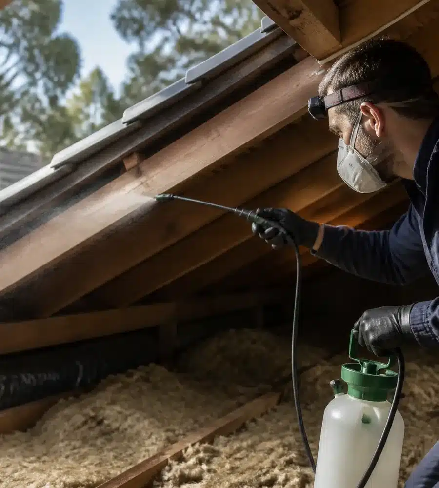 Technician treating a roof void after dead possum removal