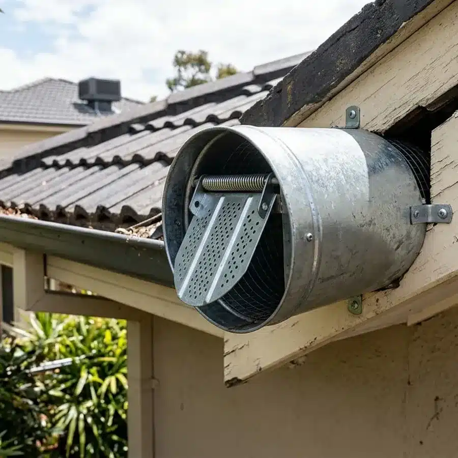 Round metal one-way possum door fitted to a house wall