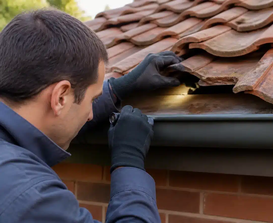 Technician checking gaps under roof tiles with a torch