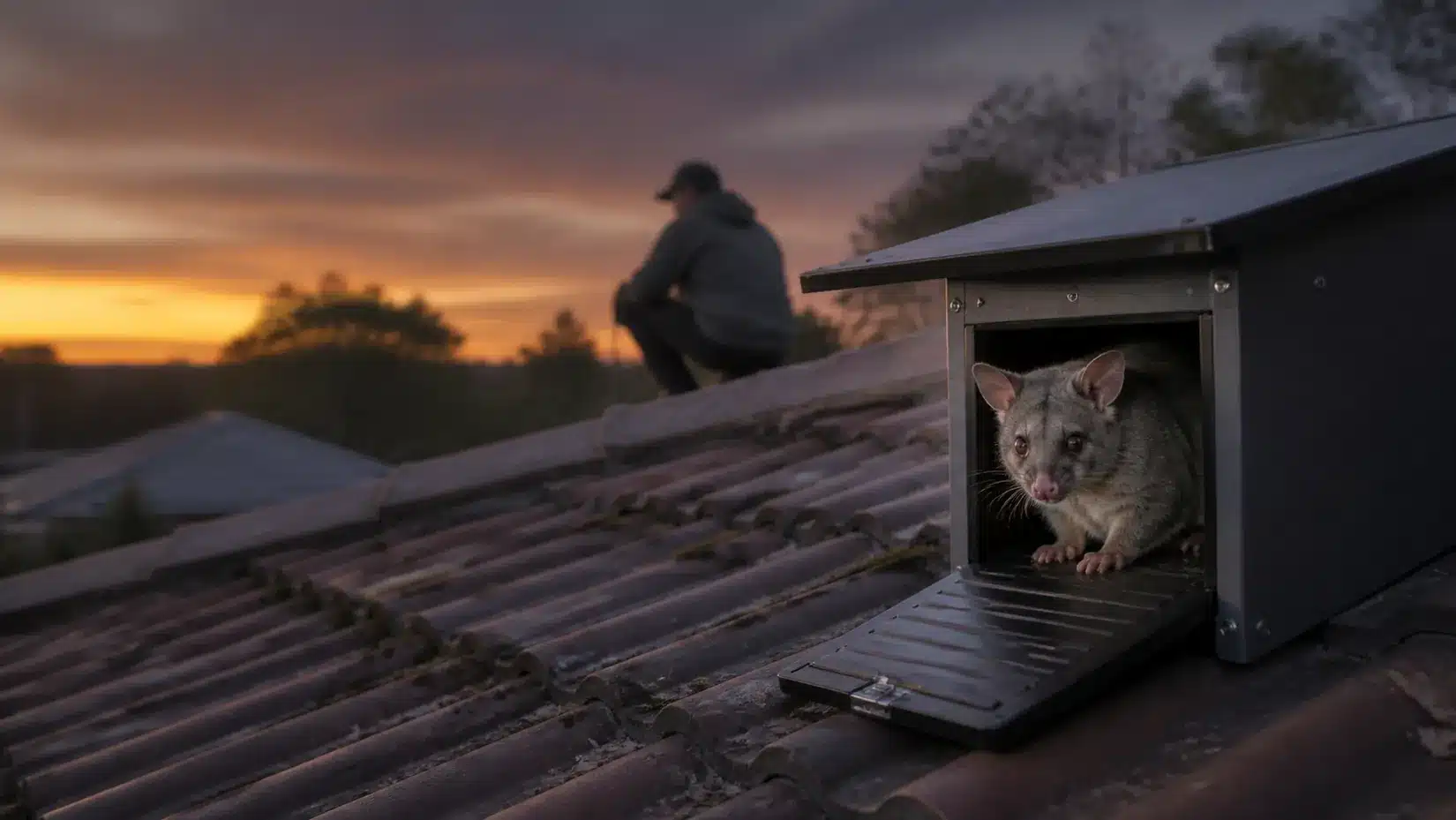 Brushtail possum at a one-way possum door exit fitted on a tiled Melbourne roof at sunset