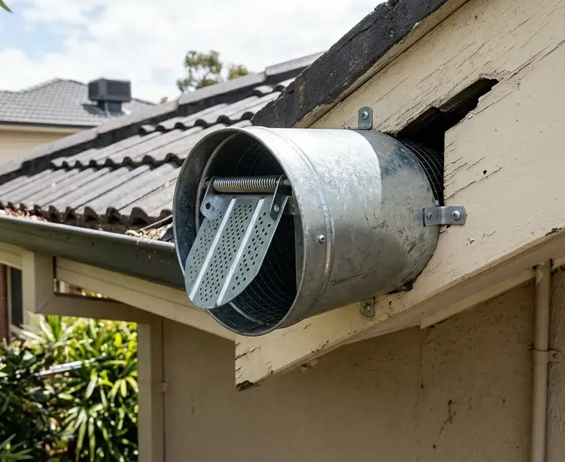 Round metal one-way possum door fitted to the side of a house